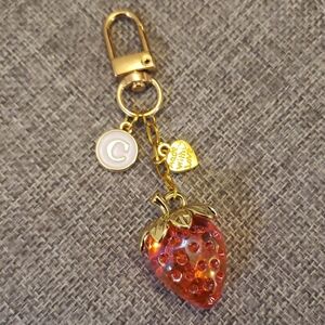 Letter C Gold and Red Strawberry Bag Charm